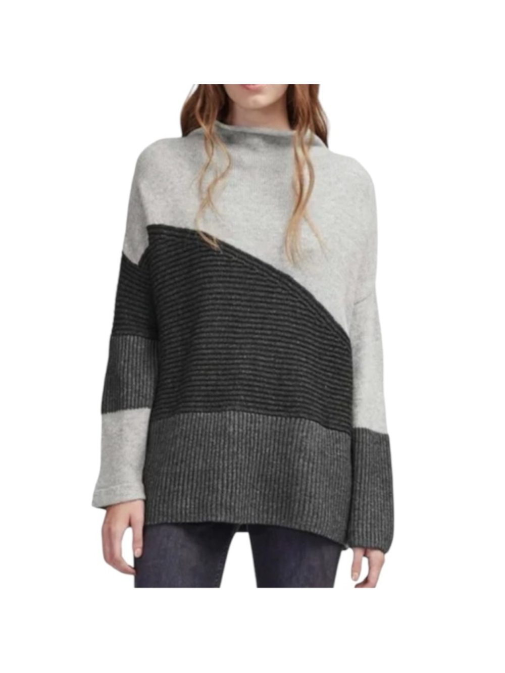 French Connection mock neck Color Block Wool Blend Sweater Grey Sz L